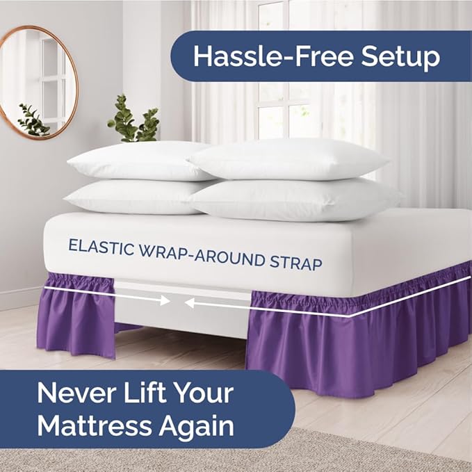 Wrap Around Dust Ruffle Bed Skirt - Purple - for Queen Size Beds with 15 Inch Drop - Easy Fit Elastic Strap - Adjustable Pleated Bedskirt w/Brushed Fabric Wrinkle Free - for Women, Men, Kids & Teens