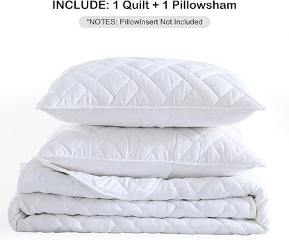 HORIMOTE HOME Quilt Set Twin Size White, Classic Geometric Diamond Stitched Pattern, Ultra Soft Microfiber Lightweight Bedding Set Bedspread Coverlet for All Season (1 Quilt and 1 Pillow Sham)