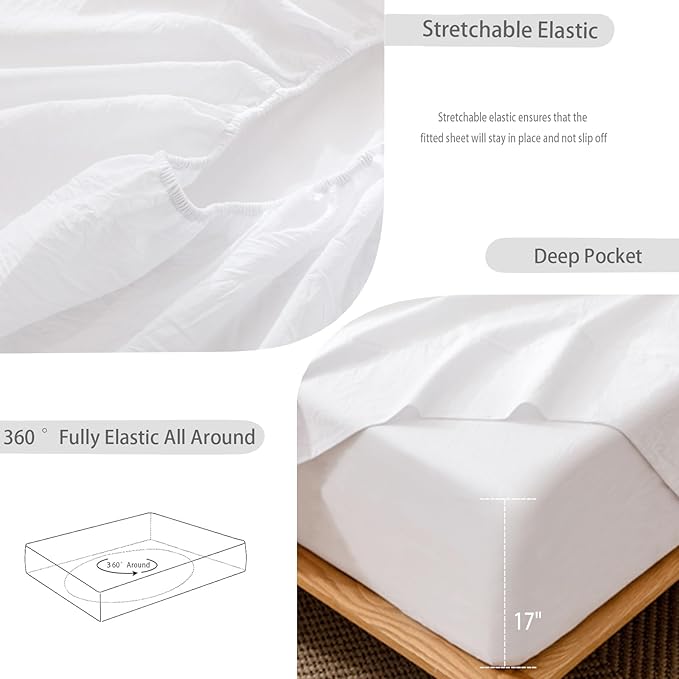 MooMee Fitted Bottom Sheet Only 100% Washed Cotton Linen Like Textured Breathable Durable Soft Comfy Deep Pocket Fits Mattress up to 17" (Bright White, California King)