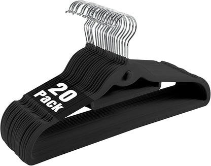 Velvet Clothing Hangers Slim Stackable Non-Slip Black Suit Hanger Space Saving Clothes Hanger Heavy Duty Adult Hangers with 360°Swivel Hook Pack of 20
