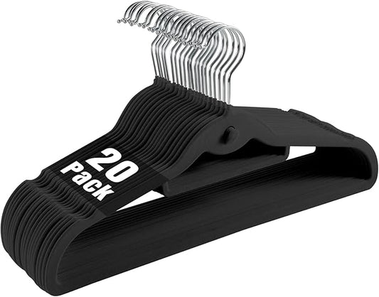 Velvet Clothing Hangers Slim Stackable Non-Slip Black Suit Hanger Space Saving Clothes Hanger Heavy Duty Adult Hangers with 360°Swivel Hook Pack of 20