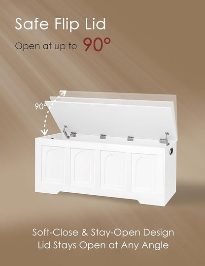 DINZI LVJ Storage Chest, 50” Extra Large Storage Bench with 2 Safety Hinges, Wooden Toy Box with Flip-Top, Large Trunk for Living Room, Playroom, Easy Assembly, White