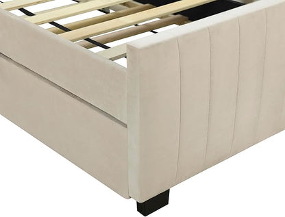 Twin Size Bed Frame with Trundle Bed,Velvet Upholstered Bed Frame,Twin Size Trundle Bed with Headboard,Upholstered Platform Bed Twin for Kids Teens Adults(Beige)