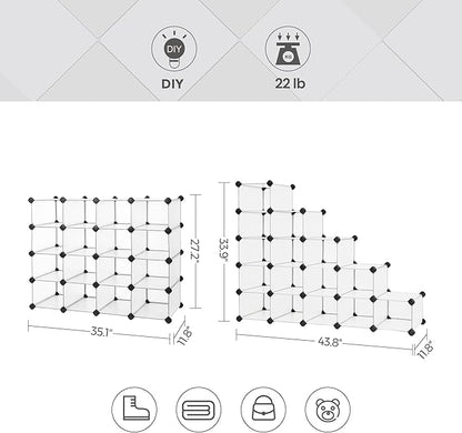 SONGMICS Shoe Rack with 16 Cubes, Interlocking Plastic Shoe Organizer, DIY Storage Cabinet for Closet Entryway Bedroom Garage, Space Saving Design, 12 x 35.1 x 27.2 Inches, Transparent ULPC445W02