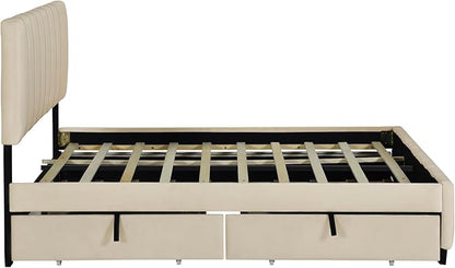 Queen Bed Frame with Trundle Bed,Velvet Upholstered Platform Bed Frame with Storage Drawers,Queen Size Trundle Bed with Headboard for Kids Teens Adults,Beige