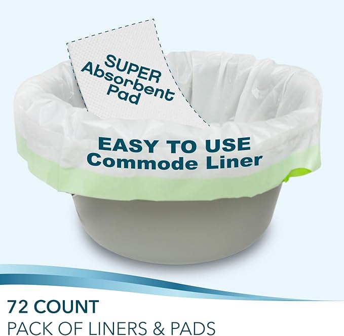 TidyCare Disposable Bedside Commode Liners and Pads for Portable Toilet Chair Seat Bucket and Bedpan | Combo Pack of 72 Waste Bags and 72 Absorbent Pads | Universal Fit