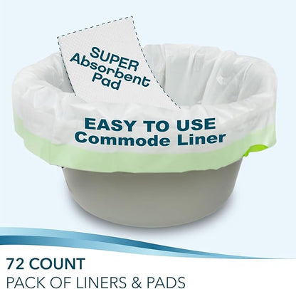 TidyCare Disposable Bedside Commode Liners and Pads for Portable Toilet Chair Seat Bucket and Bedpan | Combo Pack of 72 Waste Bags and 72 Absorbent Pads | Universal Fit