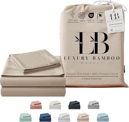 Luxury Bamboo Market | Queen Size Bed Sheet Set | 100% Viscose Made from Bamboo | Organically Grown | Ultra Soft | Cooling Sheets for Hot Sleepers | 17" Deep Pocket [Dune]
