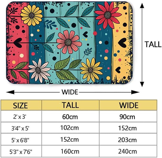 Machine Washable 5' x 7' Folk Art Print Style Area Rug, Flowers Floor mat, Suitable for bedrooms, Girls' Room Bedside, Living Room, Dining Room, Office, Non-Slip Low-Pile Retro, Fashionable Carpet