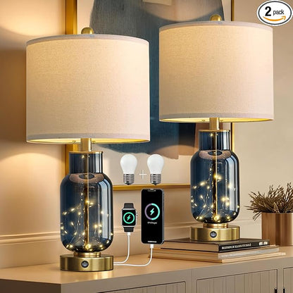 Oneach 22" Glass Table Lamps Set of 2, Blue Modern Bedside Lamp with LED Night Light for Living Room, Nightstand Lamp with USB Ports for Bedrooms, Study Room, End Table(2 Bulbs Included)