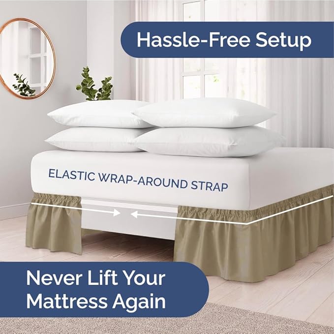 Wrap Around Dust Ruffle Bed Skirt - Khaki - for Queen Size Beds w/ 15 Inch Drop - Easy Fit Elastic Strap - Adjustable Pleated Bedskirt w/Brushed Fabric - Wrinkle Free - for Women, Men, Kids & Teens