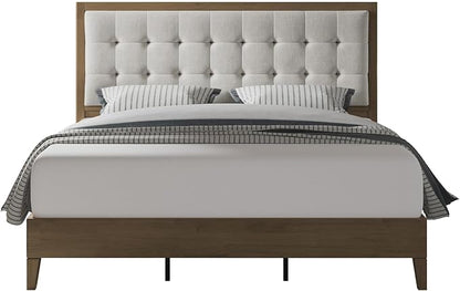 Jocisland Wood Queen Size Bed Frame,Tall Upholstered Tufted Headboard, Solid Wood Platform, No Box Spring Needed, Ash Gray