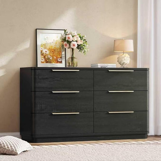 6 Drawer Dresser for Bedroom, 54" Wide Modern Chest of Drawers with Metal Handle, Curved Profile Design, Wooden Black Dresser Closet Clothes Storage TV Stand for Living Room, Hallway