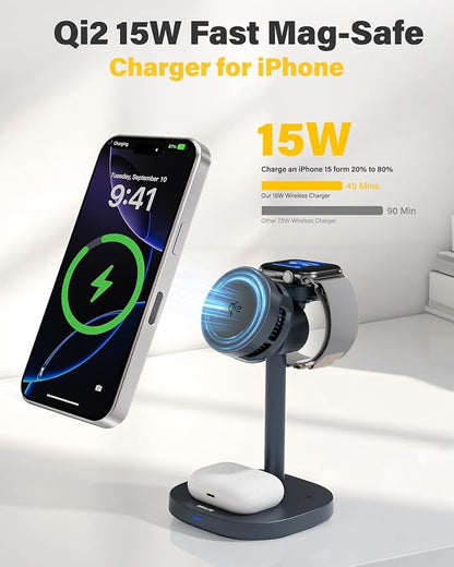 3 in 1 Wireless Charging Station for Apple MagSafe Charger Stand,15W Qi2 Fast Phone and Watch Charger with TEC Cooling, Magnetic Wireless Charger for iPhone17 16 15 14 13, Apple Watch, AirPods, Gray
