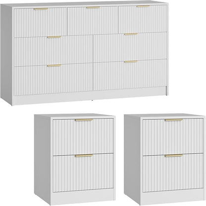 7 Drawer Dresser & Nightstand Set 3-Piece, 55” Wide Bedroom Dresser Set Night Stand Set of 2 with Metal Handle, Fluted Modern Wood Chest of Drawers Storage Dressers Set for Bedroom, White