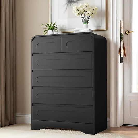 Tall Dressers for Bedroom, 6 Drawers Dresser & Chest of Drawers with Pre-Installed Slides&Curved Profile Design, Modern Closet Storage Wood Dressers Organizer for Living Room Hallway, Black