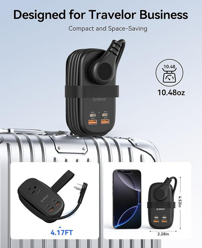ORICO 65W GaN Travel Power Strip with 7-in-1 Charging Ports (3 AC Outlets/2 USB-A/2 USB-C), Flat Plug and 4FT Extension Cord, Fast Charger for MacBook Pro/Air, iPad Pro, iPhone 17/16/15 -AP3