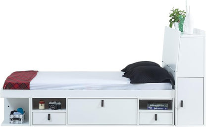 memomad Bali Set: Storage Platform Bed with Drawers + Bookcase Headboard (Full Size, White Wood)