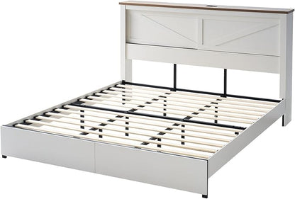 AMERLIFE King 47.2" H Bed Frame with Hidden Space Bookcase Headboard and Charging Station, Beds with 2 Storage Drawers and Wood Slats, No Box Spring Needed, White & Barnwood
