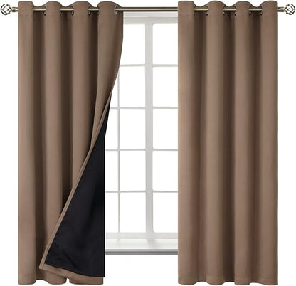 BGment Total Thermal Insulated 100% Blackout Curtains for Bedroom with Black Liner, Double Layer Full Room Darkening Noise Reducing Grommet Curtain (52 x 63 Inch, Taupe, 2 Panels)