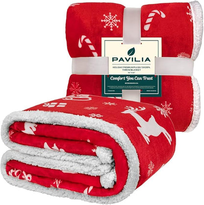 PAVILIA Red Reindeer Christmas Sherpa Throw Blanket, Ultra Soft Reversible Fleece Sherpa 50x60 Winter Blanket for Couch & Bed, Cozy Christmas Home Decor Holiday