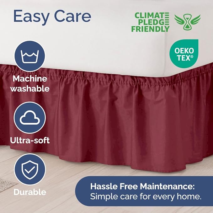 Wrap Around Dust Ruffle Bed Skirt - Burgundy - for King Size Beds with 24 Inch Drop - Easy Fit Elastic Strap - Adjustable Pleated Bedskirt w/Brushed Fabric Wrinkle Free - for Women, Men, Kids & Teens