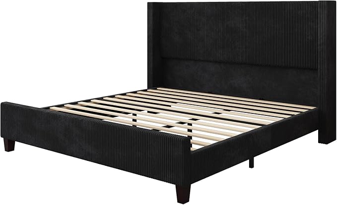 AMERLIFE Queen Size Upholstered Bed Frame with 50.8" Tall Headboard, Wingback Platform Bed with Solid Wood Legs, Wooden Slats, Corduroy/No Box Spring Needed/Noise Free/Black