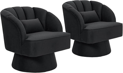 GarveeHome Modern Swivel Barrel Accent Chair, 360 Degree Velvet Upholstered Armchair with Striped Backrest & Plush Padding, Comfy Round Lounge Chair for Living Room, Bedroom, Reading Nook, Black 2 PCS