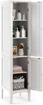 COSTWAY Tall Bathroom Storage Cabinet, 5-Tier Freestanding Linen Tower Cabinet with 2 Doors, Wooden Side Storage Organizer, Narrow Slim Floor Cabinet for Bathroom, Living Room, Kitchen (White)