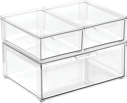 mDesign Plastic Stackable Closet Storage Organizer Bin Containers with Front Pull Drawer for Cabinet, Desk, Shelf, Cupboard, or Dresser Organization - Lumiere Collection - Set of 3 - Clear