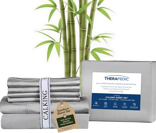 Therapedic 1000TC California King 6-Piece Sheet Set - 100% Organic Rayon Dervied from Bamboo Blend with Cooling Fiber,Ideal for Hot Sleepers - 16" Deep Pocket Fitted Sheet,Bonus Pillowcases-Dark Grey