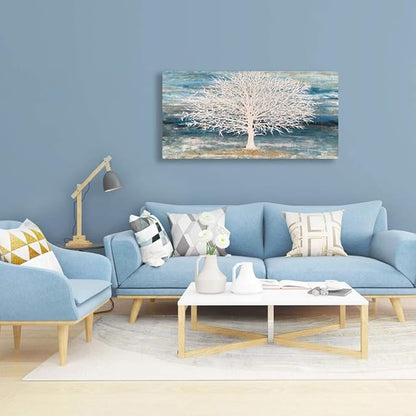 RICHSPACE ARTS Modern Tree Canvas Wall Art Teal Blue and White Pictures Large Abstract Decor Framed Landscape Oil Painting Artwork with 3d Texture and Gold Foil for Living Room Bedroom(20W*40L
