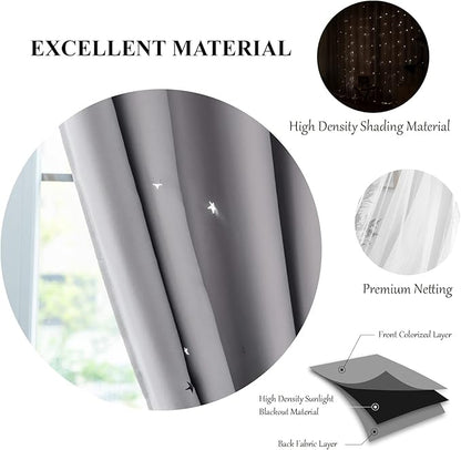 Star Curtains Double Layer Curtains Blackout Curtains for Bedroom Kids Curtains Cute Curtains, Curtains 72 Inches Long 2 Panels Set, Grey Curtains, 42 X 72 Inches