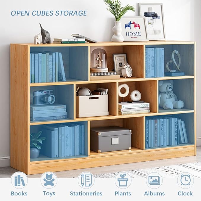 IOTXY Open Shelf Low Bookcase - Wooden 3-Tier Floor Standing Display Cabinet Organizer with Base, 7 Cubes Short Horizontal Bookshelf in Tiffany-Green