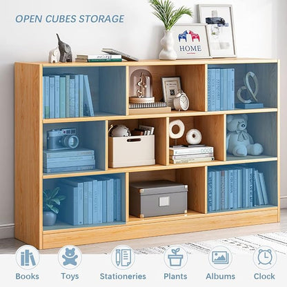 IOTXY Open Shelf Low Bookcase - Wooden 3-Tier Floor Standing Display Cabinet Organizer with Base, 8 Cubes Short Horizontal Bookshelf in Warm White