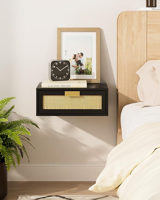 Floating Nightstand, Floating Shelf with Drawer, Wall Mounted Nightstand, Floating Bedside Table (Black Rattan)