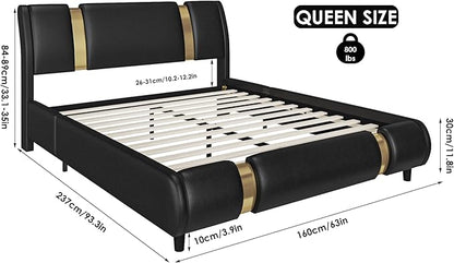 TTVIEW Modern Faux Leather Upholstered Platform Bed Frame with Golden Iron Metal Decor, Adjustable Curved Headboard, Wooden Slats Support, No Box Spring Needed, Queen Size, Black