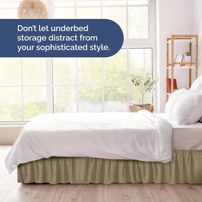 Wrap Around Dust Ruffle Bed Skirt - Khaki - for King Size Beds w/ 12 Inch Drop - Easy Fit Elastic Strap - Adjustable Pleated Bedskirt w/Brushed Fabric - Wrinkle Free - for Women, Men, Kids & Teens