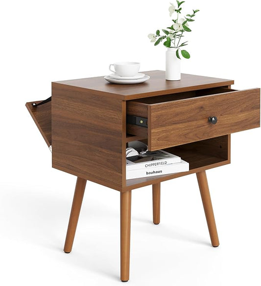 Hidden Compartment Nightstands, Mid Century Modern Concealment Furniture, Bedside Table with Wood Legs, End Table with Storage Drawer for Bedroom (1,Walnut)
