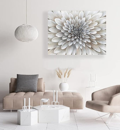 Floral Wall Art in Neutral White Color Modern Abstract Canvas Painting Large Home Decor Framed Boho Artwork Dahlia Flower Picture for Living Room Bathroom Bedroom Home Office