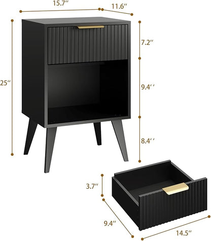 Fluted Night Stand with Opening Storage,Mid Century Bedside Table with Drawer,Black Nightstand with Wood Legs,End Table Side Table for Living Room,Bedroom,11.8" Dx15.7 Wx 25.2" H CTG56BK