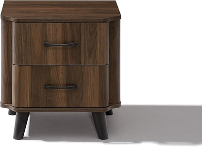 LuxenHome Mid Century Modern Nightstand, 20" Walnut Night Stand with Curved Edge, Dark Brown Nightstand with Drawers, Boho Bed Side Tables Bedroom, Storage Side Table, End Tables Living Room, 1PC