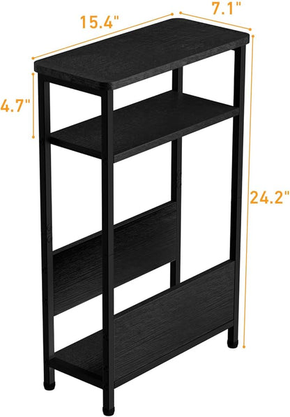 THUMEYE 7.1" Narrow Side Table for Small Spaces, 3 Tier Small End Table with Magazine Holder, Slim/Skinny Nightstand/Bedside Table for Living Room, Bedroom, 15.4" L x 24.2" H, Black