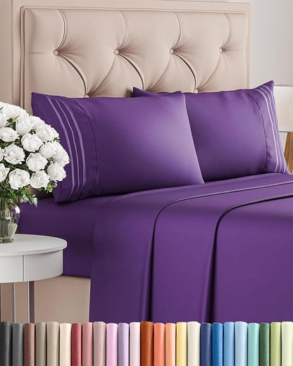 King Size 4 Piece Sheet Set - Comfy Breathable & Cooling Bed Sheets Set - Hotel Luxury Bedding for Women, Men, Kids, Teens, Boys & Girls - Deep Pockets, Ultra-Soft, Wrinkle Free - Oeko-Tex - Purple