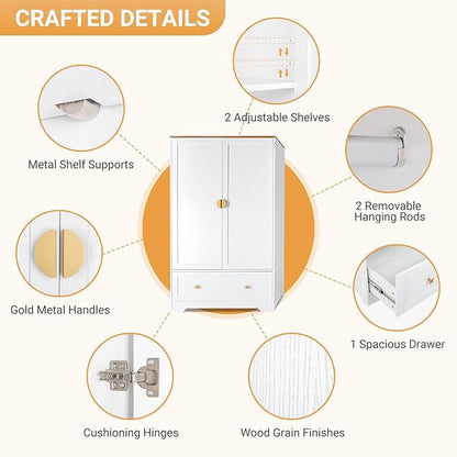VINGLI 38" Wide Wardrobe Closet, White Armoire Wardrobe with Hanging Rod, Shelves and Drawer, Freestanding Closet Armoire Cabinet,Armoires and Wardrobes with Doors for Bedroom,Dorm,21"D x 38"W x 65"H