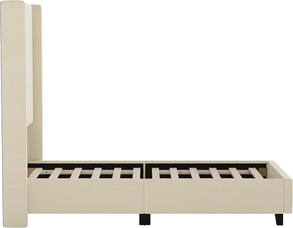 EMMA + OLIVER Nora Twin Size Faux Linen Upholstered Platform Bed with Plush Padded Wingback Headboard (No Box Spring Needed), Modern Upholstered Headboard Twin Bed Frame, Beige