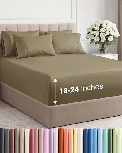 Extra Deep Cal King Sheet Set - 6 Piece Breathable & Cooling Sheets - Hotel Luxury Bed Sheets Set - Easy & Secure Fit - Soft, Wrinkle Free & Comfy Sheets Set - Khaki Sheet Set with Extra Deep Pockets
