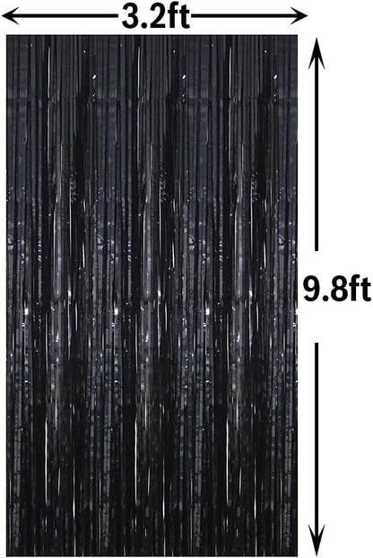 GOER 3.2 ft x 9.8 ft Metallic Tinsel Foil Fringe Curtains Party Photo Backdrop Party Streamers for Halloween,Birthday,Graduation,New Year Eve Decorations Wedding Decor (4 Packs,Black)
