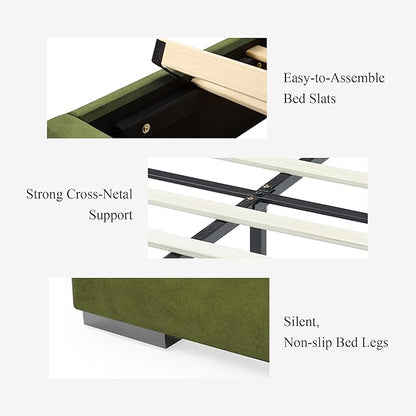 DEINPPA Luxury King Bed Frame with Built-in Gold LED Lights and Nightstands, King Size Platform Bed with Oversize Upholstered Headboard, No Box Spring Needed-Green
