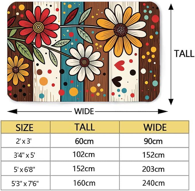 Machine Washable 2' x 3' Bohemian-Style Area Rug, Flowers Floor mat, Suitable for bedrooms, Girls' Room Bedside, Living Room, Dining Room, Office, Non-Slip Low-Pile Retro, Fashionable Carpet